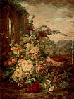 Famous Book Paintings - A Book on a Plinth by a Rose Bush at the Ruins